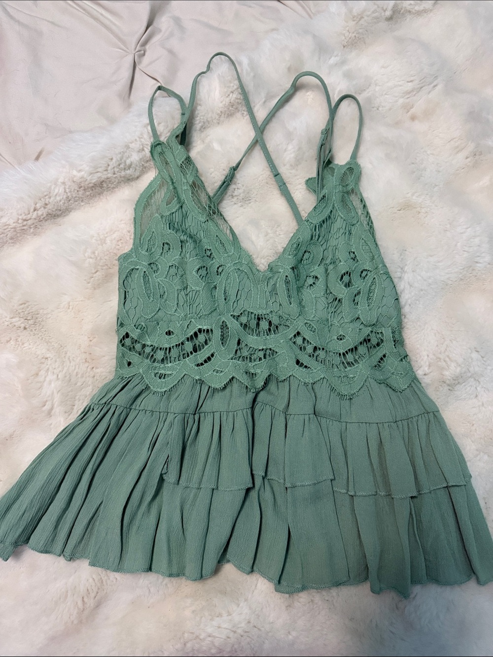 Women's Crochet Lace Tiered Cami Dress in Sage Green